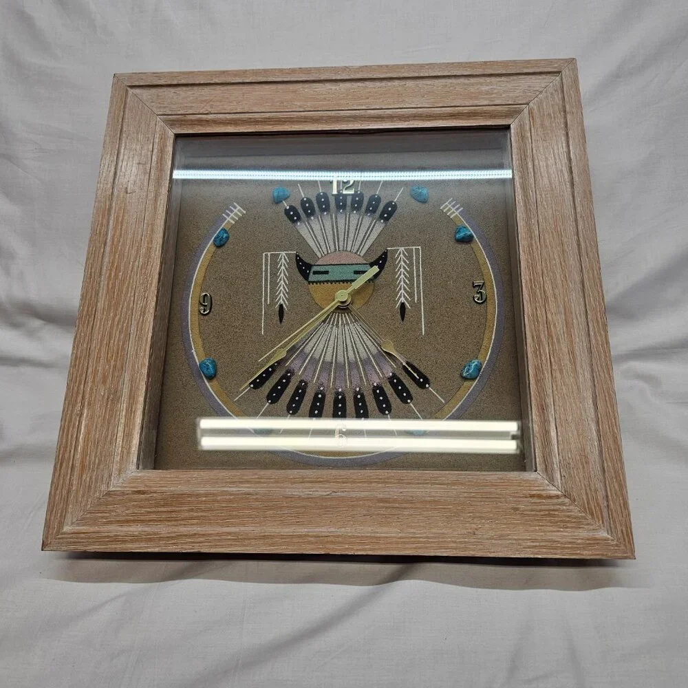 Navajo Sand Art painting Clock hand crafted w/ turquoise stones framed glass - Picture 11 of 15
